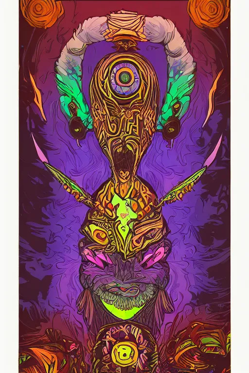 Image similar to animal mask totem roots flower tribal feather gemstone plant wood rock shaman vodoo video game vector cutout illustration vivid multicolor borderlands comics by josan gonzales and dan mumford radiating a glowing aura