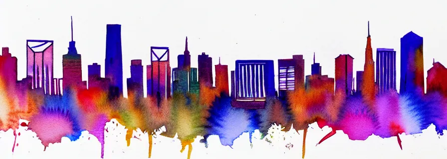 Prompt: watercolour line drawing of a city skyline at sunset