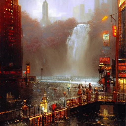 Image similar to waterfall flooding the city of new york. highly detailed painting by gaston bussiere, craig mullins, j. c. leyendecker