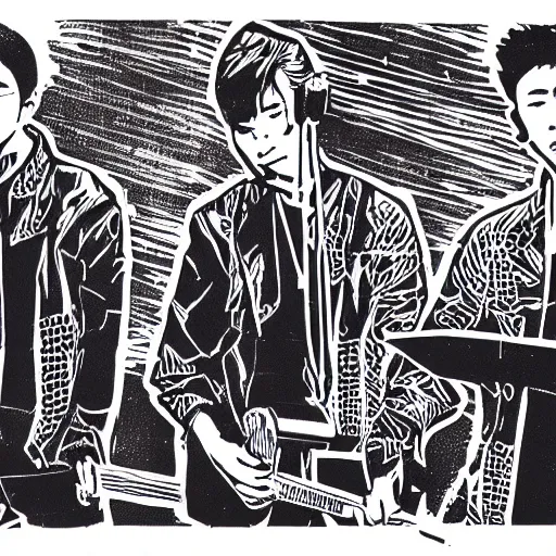 Prompt: a linocut engraving of yellow magic orchestra playing a concert