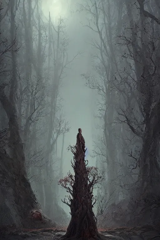 Prompt: a beautiful terrifying tree monster looms over a tiny human in an epic location at dawn, ethereal fantasy art by greg rutkowski