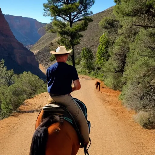 Prompt: horse spirit with lucky on his back riding next to a canyon riding into the sunset