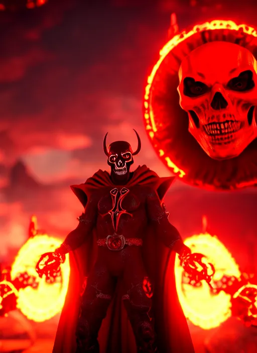 Image similar to character portrait of spawn hero, hellpunk, crimson energy radiating everywhere, hellish skull inferno in background, 8 k unreal engine render, photorealistic, rule of thirds, cinematic