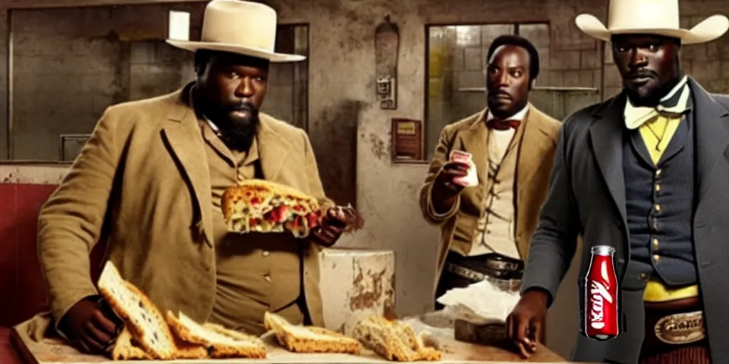 Image similar to fat Django unchained in subway eat sandwich and drink coca cola.