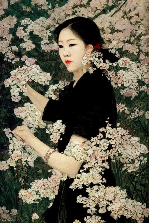 Image similar to close - up fashion asian woman portrait airy flowers clouds art by vasnetsov