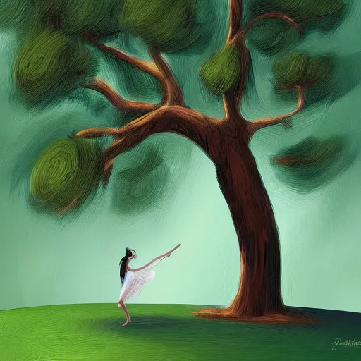 Image similar to illustration of a woman dancing near an old strong tall green persian cypress tree in wind, digital painting, artist farshchian