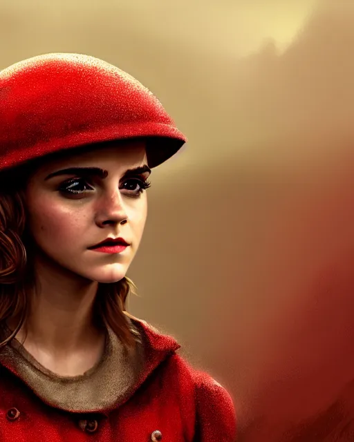 Image similar to highly detailed closeup, of emma watson, dressed in a red mushroom hat and clothes, full face view, on a battlefield, hyper realistic, psychedelic, illustration, digital paint, matte paint, vivid colors, detailed and intricate environment