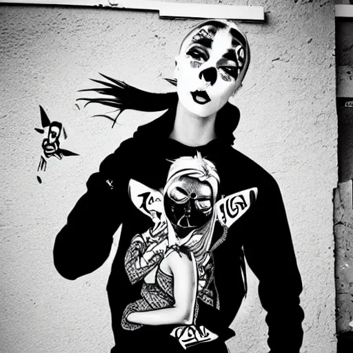 Image similar to zef design black and white color scheme, graffiti, cute characters, die antwoord