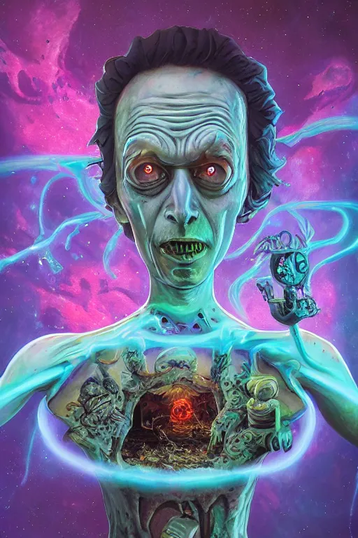 Prompt: rick and morty fused with a lovecraft space zombie, photo, portrait, 3d, high details, intricate details, by vincent di fate, artgerm julie bell beeple, 90s, Smooth gradients, octane render, 8k, volumetric lightning, High contrast, duo tone, depth of field, very coherent symmetrical artwork