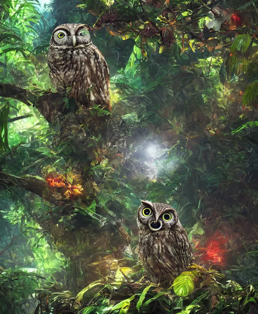 Prompt: beautiful small robot-owl in the deep jungle, with technicolor big eyes, epic, cinematic view, 8k, ultra realistic, vibrant colors, photo realism, trending artstation, octane render, volumetric lighting, high contrast,