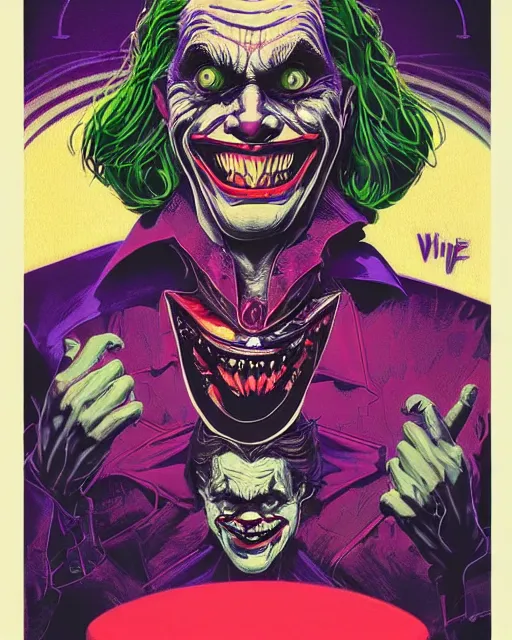 Image similar to willem dafoe as the joker, big smile, grotesque, horror, high details, bright colors, striking, intricate details, by vincent di fate, artgerm julie bell beeple, 1 9 8 0 s, inking, vintage 8 0 s print, screen print