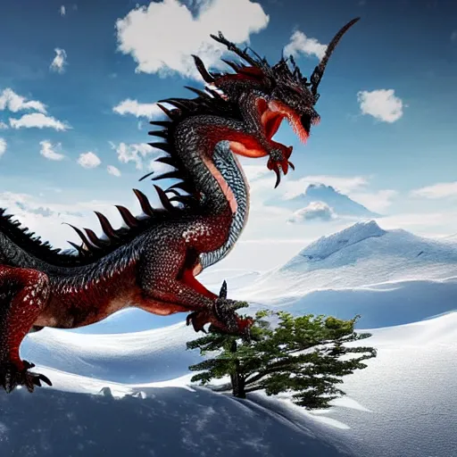 Prompt: High quality, beautiful and majestic western dragon in the mountains surrounded by snow and trees with wings spread out to the side while roaring, ultra high quality, 3d rendering, award-winning