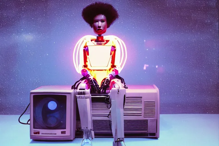 Image similar to beautiful robot sitting on a starry blue couch, from 1985, bathed in the glow of a crt television, water in background, low-light photograph, in style of Tyler Mitchell