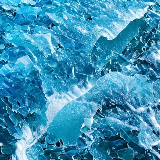 Prompt: cresting ocean wave made of blue - toned shards of broken glass, three - dimensional, landscape photography