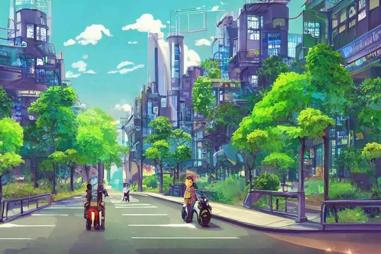 Image similar to an optimistic futuristic city street with one or two mini cannabis pot - plant few cute leaves, scenic streams, idyllic crossing bridges and people riding e - scooters, pop motifs, by ghibli