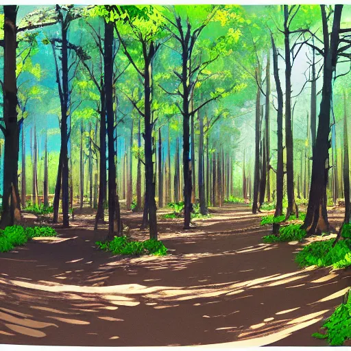Prompt: deep muddy forest on a sunny day walkway panorama, blooming, very traditional gouache painting by makoto shinkai disney animation pixar kyoto animation