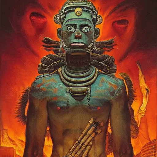 Image similar to giant mayan joe biden!!!!!!!!!!!!!!!!!!!!!!!! with flaming eyes standing over city, perfectly clear face, by j. c. leyendecker and beksinski