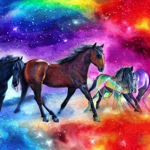 Image similar to horses over a bright colorful rainbow under a dark starred night, dark fantasy, digital art, watercolour, high detail, colorful, dreaming illusion