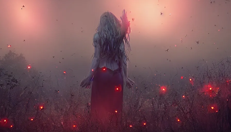 Image similar to lady death surrounded by fireflies walking away with me, cinematic lighting, wow, establishing shot