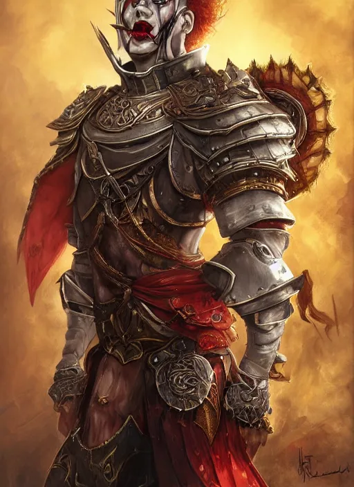 Prompt: a ruthless clown paladin, 8 k, hyperrealistic, dragon slayer, hyperdetailed, fantasy portrait by laura sava