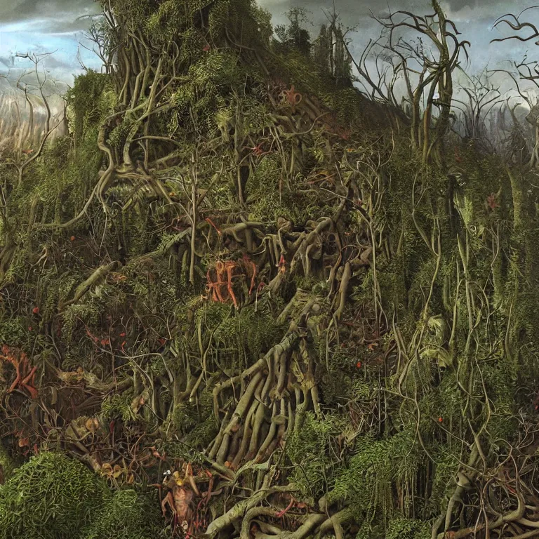 Image similar to Apocalypse with vegetation, leaves, creepers, ivy, ferns taking over the industrial, toxic, machinery, cities. Painting by Lucas Cranach, Wayne Barlowe