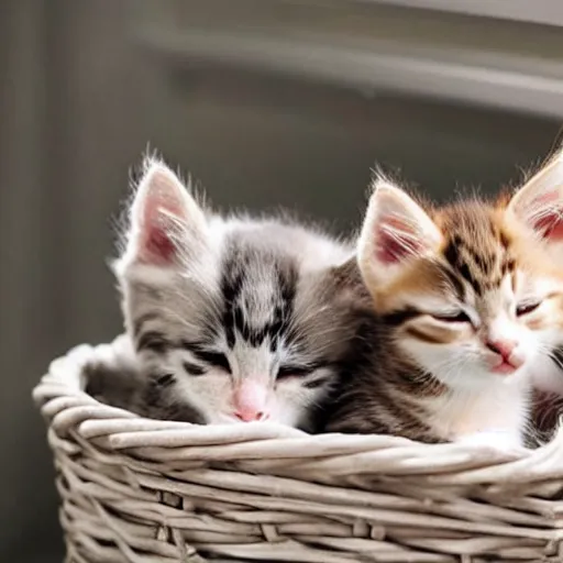 Image similar to two kittens sleeping in a basket, happy, cute