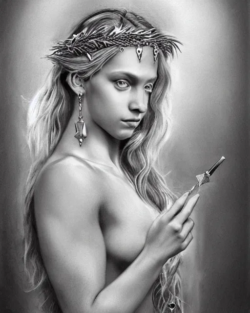 Image similar to pencil drawing of a beautiful greek goddess aphrodite wearing a laurel wreath and arrowhead earrings, beautiful confident and piercing eyes, beautiful blonde hair, hyper realistic face, in the style of greg rutkowski, fantasy, amazing detail, epic, elegant, smooth, sharp focus, from the front