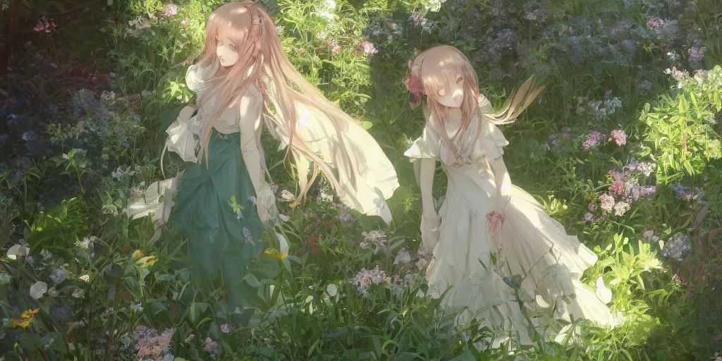 Prompt: a digital art of a loli with long hair in a dress in the privet garden at after noon, green and warm theme, by krenz cushart and mucha and akihito yoshida and greg rutkowski and makoto shinkai, low angle, long shot, back lighting, detailed eyes, 4 k resolution, trending on art station