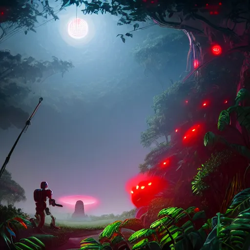 Image similar to robot snake in the middle of the jungle spying enemy country, red glowing eyes, dense jungle, middle of night, hd, uhd, 8 k, noise, illustration, sharp focus, detailed, sharpen, artstation, elegant, highly detailed, fantasy, futuristic