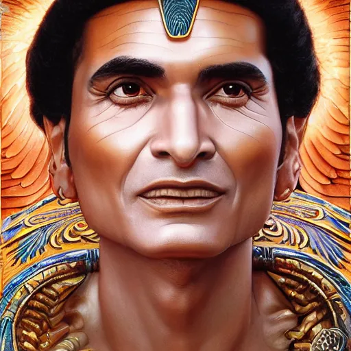 Image similar to a detailed fantasy character portrait of abdel halim hafez as egyptian god of art by lauri blank, artgerm, evelyn de morgan, 8K, 50mm lens