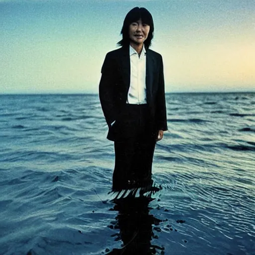 Prompt: japanese man with long hair in a suit standing in the ocean looking at the camera, wide shot, far away, zoomed out, distance!!!!!!! shot, sunset, album cover, 1980, tatsuro yamashita, ride on time