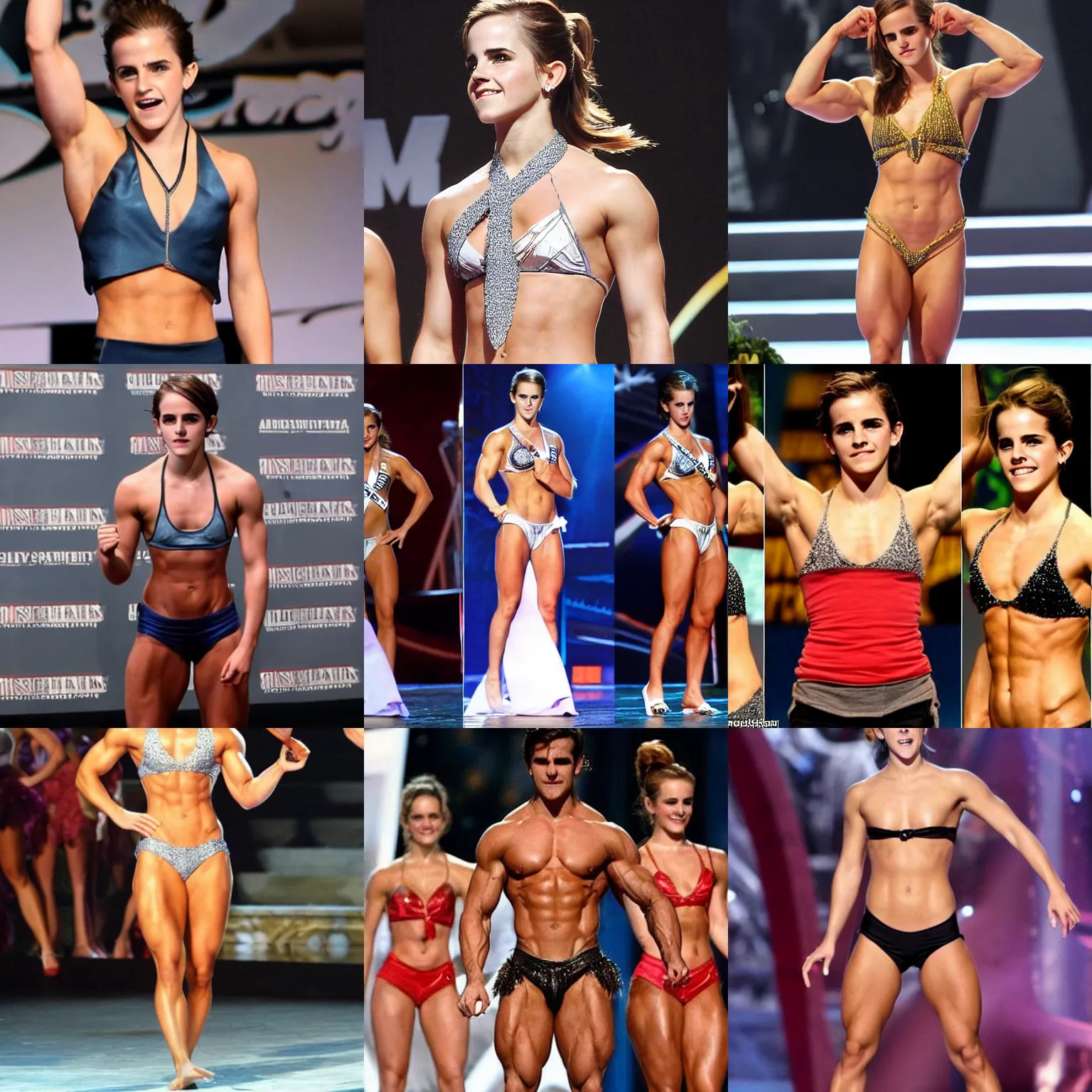 Prompt: Muscly Emma Watson competing in Mr Universe