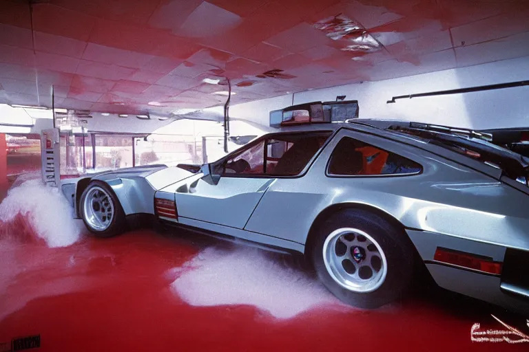 Prompt: A single 1985 Vector W8 Twin Turbo 911 BMW M1 Bronco inside of a car wash, ektachrome photograph, volumetric lighting, f8 aperture, cinematic Eastman 5384 film