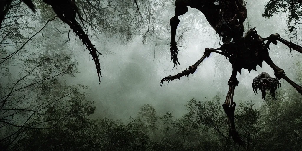 Prompt: a massive evil skeletal beast with rotting skin and horns above the trees looking down at the camera through a thick canopy, horror movie, low angle, cloudy, overcast