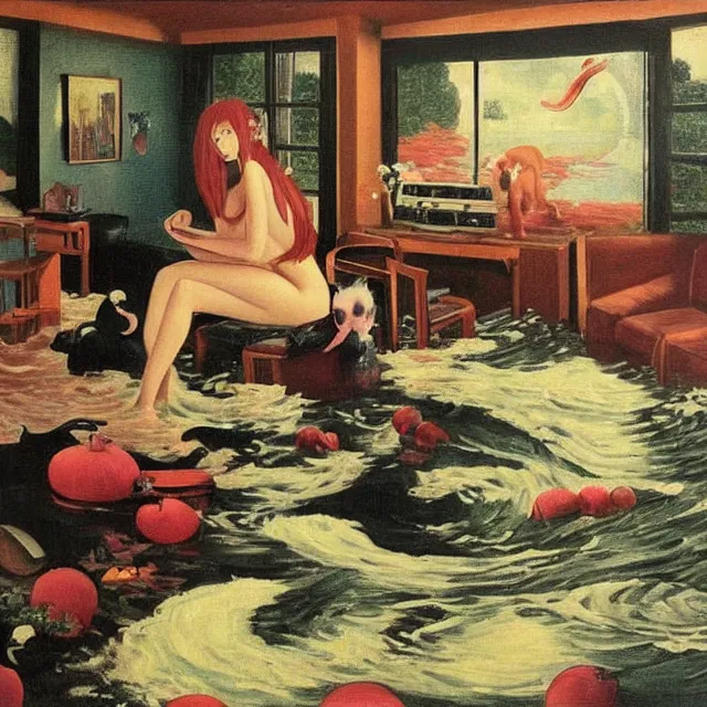 Image similar to emo catgirl artist in her flooded lounge room, painting of flood waters inside an artist's loungeroom, a river flooding indoors, pomegranates, pigs, ikebana, water, octopus, river, rapids, waterfall, black swans, canoe, berries, acrylic on canvas, surrealist, by magritte and monet