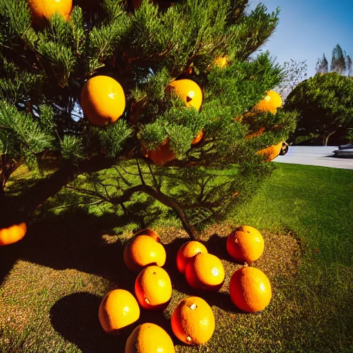 Image similar to a tree growing oranges outside a california suburban home, style of photographers willem verbeeck and Kyle McDougall, complimentary colors, filmic, golden hour