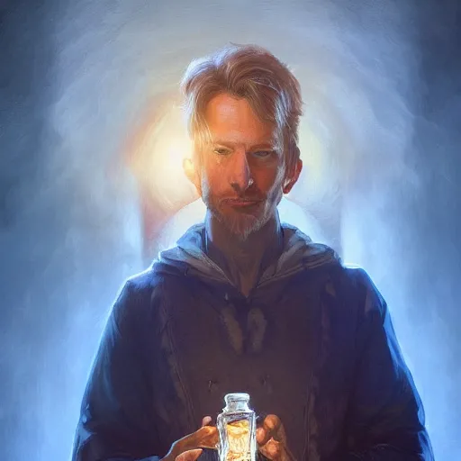 Image similar to man holding he's soul in a jar portrait, backlight, rim lighting, deep focus, d & d, fantasy, intricate, elegant, highly detailed, digital painting, artstation, concept art, matte, centered, sharp focus, illustration, hearthstone, art by artgerm, greg rutkowski and alphonse mucha