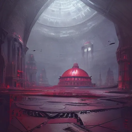 Image similar to concept art by greg rutkowski, a futuristic large inner garden under a great dome, desolate, covered in reddish slime on all sides, uncanny atmosphere, low light, scary atmosphere, scifi, highly detailed portrait, digital painting, artstation, concept art, smooth, sharp foccus ilustration, artstation hq