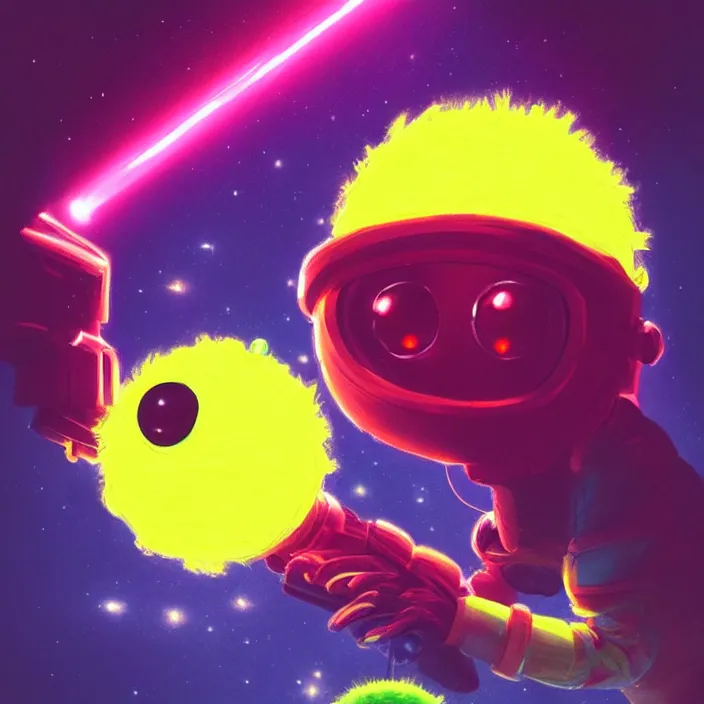 Image similar to cinematic portrait of a cute tennis ball monster in space, neon lasers, chalk, masterpiece, trending on artstation, featured on pixiv, cinematic composition, dramatic pose, beautiful lighting, sharp details, hyper - detailed, hd, hdr, 4 k, 8 k, art by basil gogos