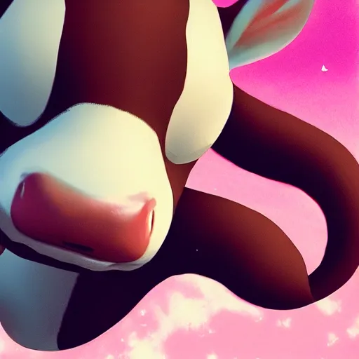 Image similar to very cute baby cow thinks about the cosmic multiverse, close up, anatomically correct, high detailed face, by ilya kuvshinov, greg rutkowski and makoto shinkai, trending on artstation