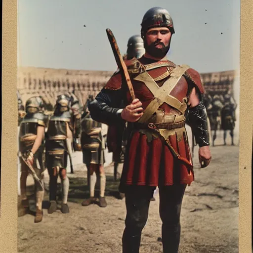 Prompt: photograph of a roman soldier in front of his army, ancient rome, movie picture, colour photograph