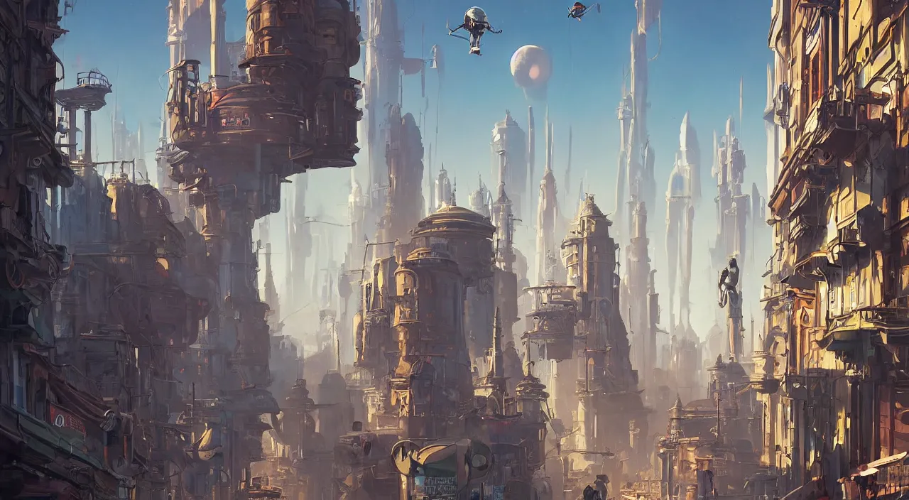 Image similar to a street level painting towards the horizon with high detail, sci - fi colorful victorian city with a victorian astronaut in the foreground at noon with sharp shadows by tyler edlin and sparth, wide angle lens, 4 k, vray, art nouveau influences. roger deakins, cinematic cinematography.