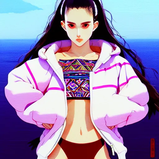 Image similar to a beautiful japanese natalie portman gravure model, wearing oversized native designer bomber jacket and leotard, bulky poofy bomber jacket with mesoamerican patterns, mesoamerican native street fashion, gapmoe yandere grimdark, trending on pixiv fanbox, painted by greg rutkowski makoto shinkai takashi takeuchi studio ghibli, akihiko yoshida