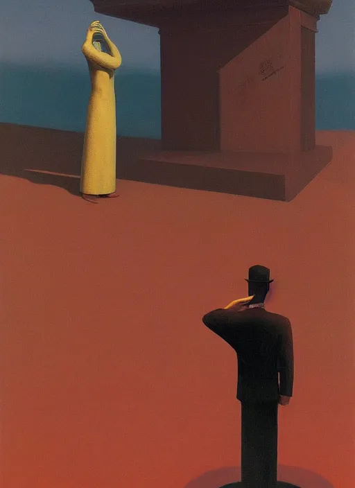 Prompt: magician with a tras over his head praying to a statue of a trash bin Edward Hopper and James Gilleard, Zdzislaw Beksinski highly detailed