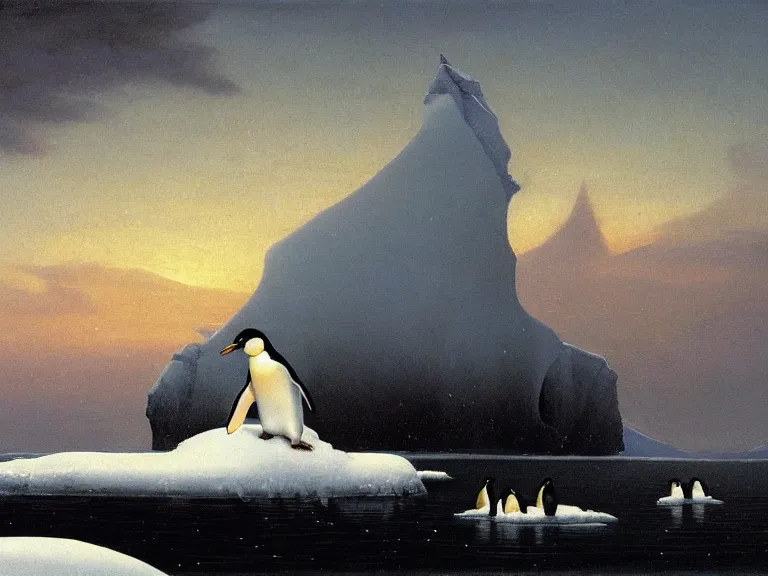 Image similar to an oil painting of a penguin playing in pure white snow on an iceberg in a serene ocean at dusk. aurora. by tuomas korpi moebius and carl spitzweg. baroque elements. intricate artwork by caravaggio. oil painting. oil on canvas. award winning. dramatic. trending on artstation. 8 k