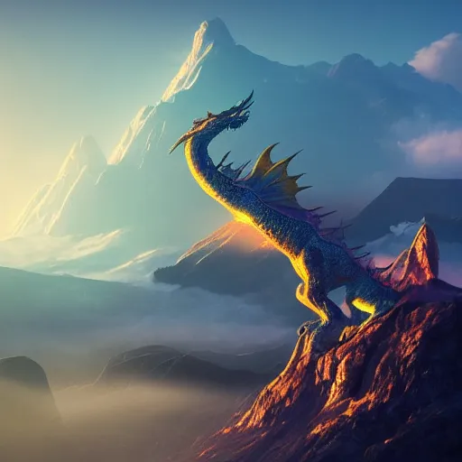 Prompt: giant majestic epic dragon on a mountain between the clouds, epic, volumetric light, volumetric fog, extreme details, 8 k, artstation, god, fantasy