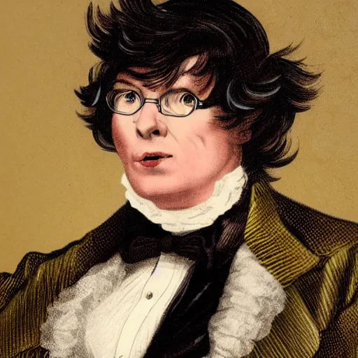 Image similar to old victorian portrait of austin powers, wearing a powdered wig, wearing a ruffled shirt