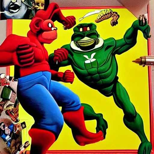 Image similar to beautiful lifelike painting of mf doom and donkey kong bullying peter parker in highschool, hyperreal detailed facial features and uv lighting, art by ed roth and basil wolverton