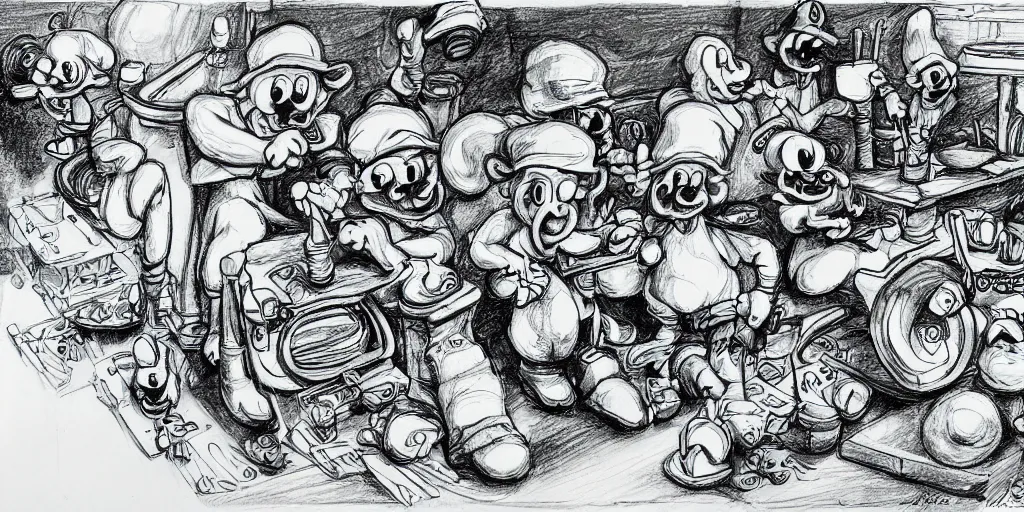 Image similar to high detailed drawing of smurfs and long white bones black and white, tables, tools, leaking oil, line art, pen & ink drawing