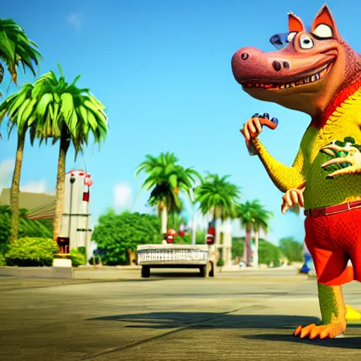 Image similar to 3 d render, anthropomorphic alligator, red scales on his back, yellow scale on his belly and chest, male, waring a hawaiian shirt, in the style of zootopia, hd, 4 k, high definition background